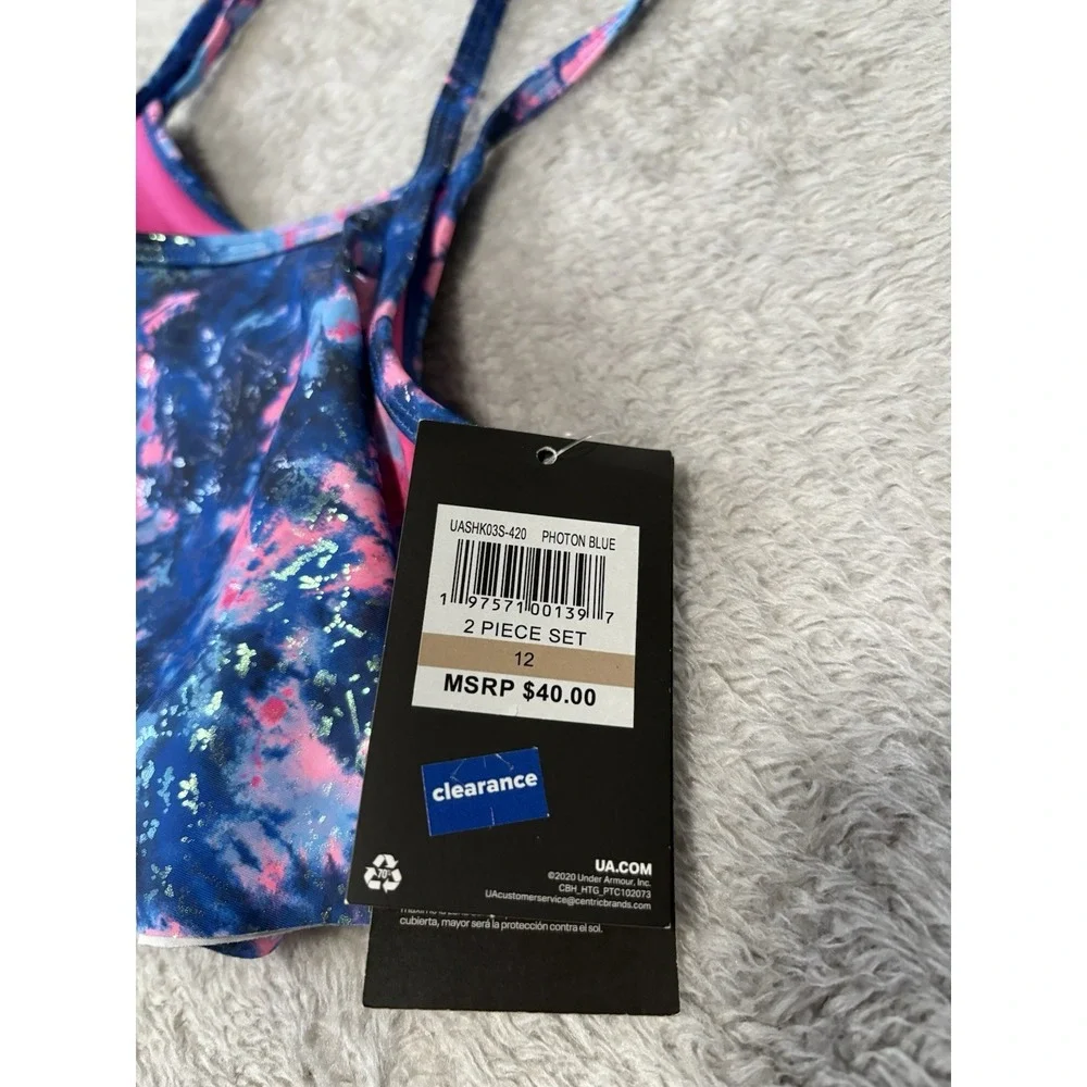 New Under‎ Armour Girls 12 Photon Blue Pink Swim Suit Top Only UPF 50 - Picture 7 of 9